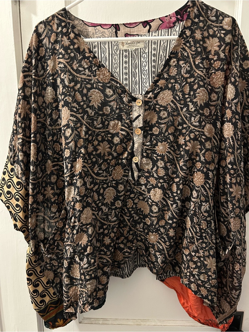 Kantha Bae Silk Boho Floral Black and Tan V-Neck Women's Top